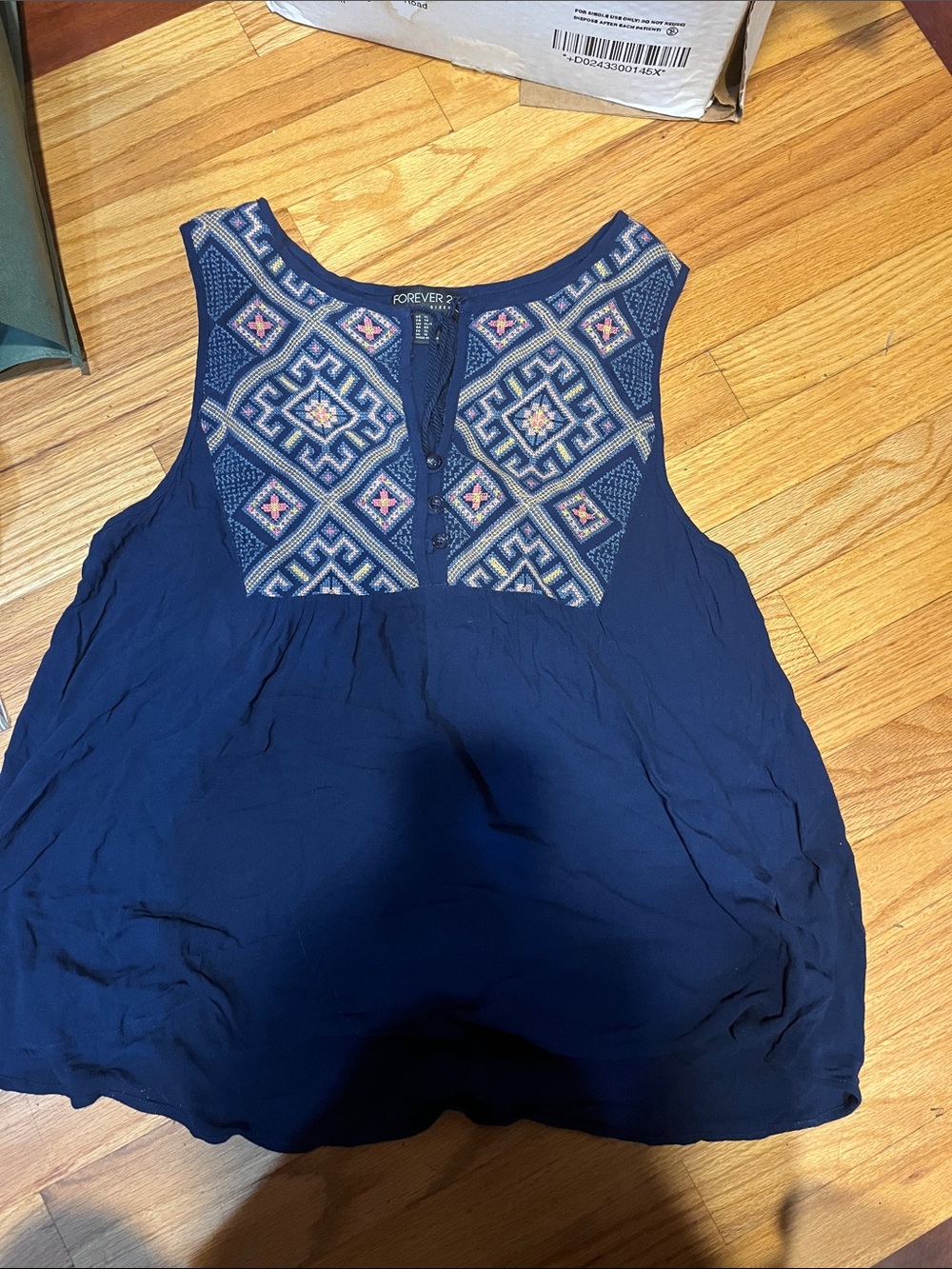 Forever 21 Navy Sleeveless Tank with Embroidered Yoke